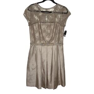 Just Taylor Lace Overlay Pleated Dress Size 10 Short Sleeve Belted Sheath